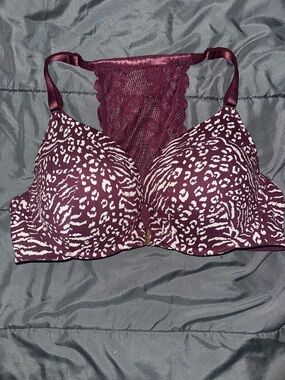 Cacique Burgundy and White Animal-Print Lace-Back Push-Up Bra